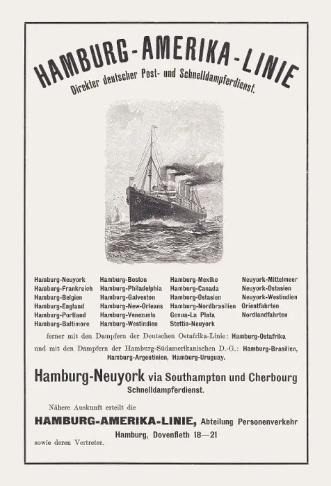 Framed Print : Hamburg America Line, Historical advertisement plakat, wood engraving, published 1900 Framed Print : Hamburg America Line, Historical advertisement plakat, wood engraving, published 1900