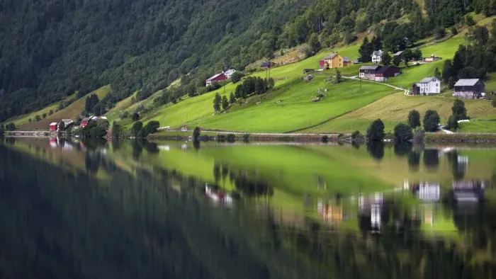 Framed Print : Hamlet of Heggland reflected in Lake Oppheimsvatnet, Oppheim, Hordaland, Norway Framed Print : Hamlet of Heggland reflected in Lake Oppheimsvatnet, Oppheim, Hordaland, Norway