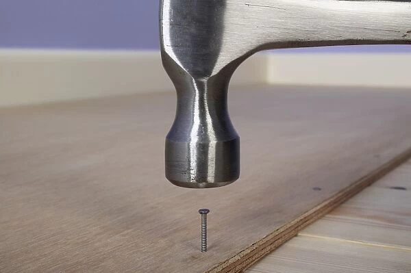 Hammering a ring-shank nail in to plywood on the floor