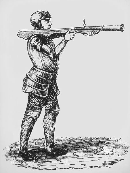 Hand Cannon. A foot soldier firing a hand cannon, the earliest form of handgun, circa 1350