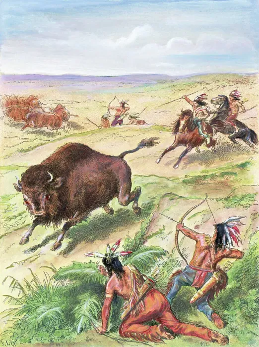 Framed Print : Hand-Colored Engraving of Plains Indians Hunting Buffalo Framed Print : Hand-Colored Engraving of Plains Indians Hunting Buffalo