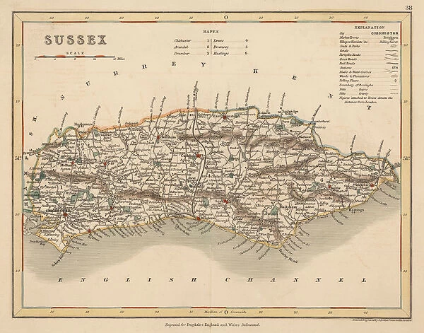 Hand coloured antique map of Sussex England