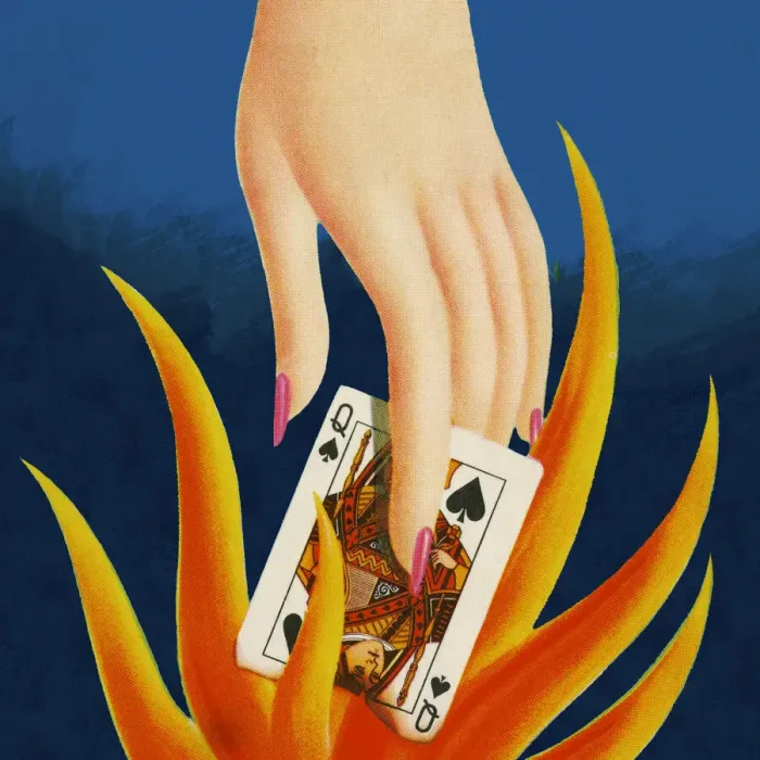 Framed Print : Hand Holding Queen of Spades in a Flame