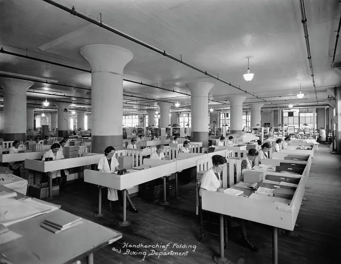 Framed Print : Handkerchief Folding & Boxing Department Framed Print : Handkerchief Folding & Boxing Department