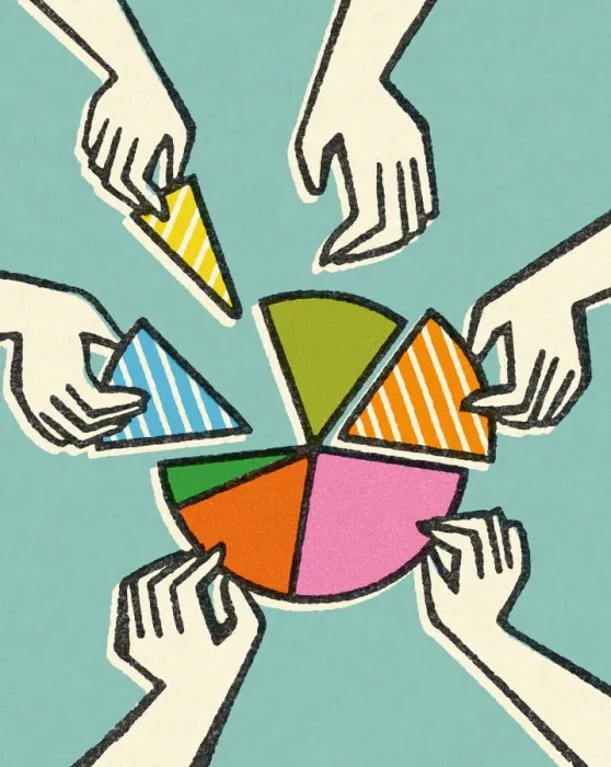Framed Print : Hands Taking Pieces of a Pie Chart Framed Print : Hands Taking Pieces of a Pie Chart
