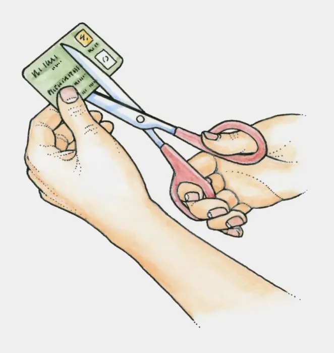 Framed Print : Hands using scissors to cut up an old credit card Framed Print : Hands using scissors to cut up an old credit card