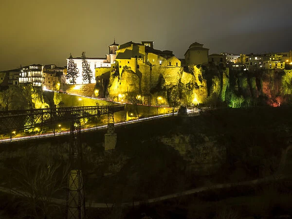 Hanging houses illuminated in the night, Cuenca, Castilla La Mancha, Spain