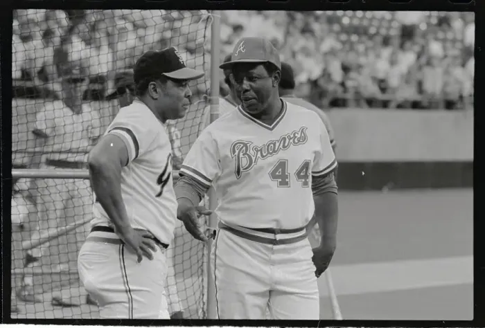 Framed Print : Hank Aaron Chatting with Willie Mays Framed Print : Hank Aaron Chatting with Willie Mays