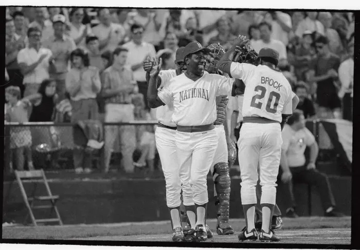 Framed Print : Hank Aaron Being Congratulated on Run at Oldtimers Game Framed Print : Hank Aaron Being Congratulated on Run at Oldtimers Game