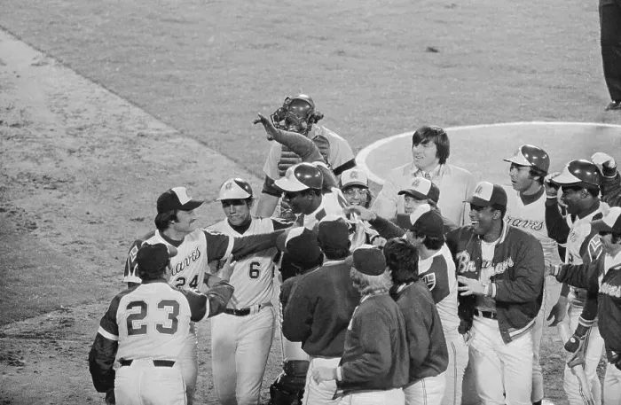 Framed Print : Hank Aaron Being Congratulated by Teammates Framed Print : Hank Aaron Being Congratulated by Teammates