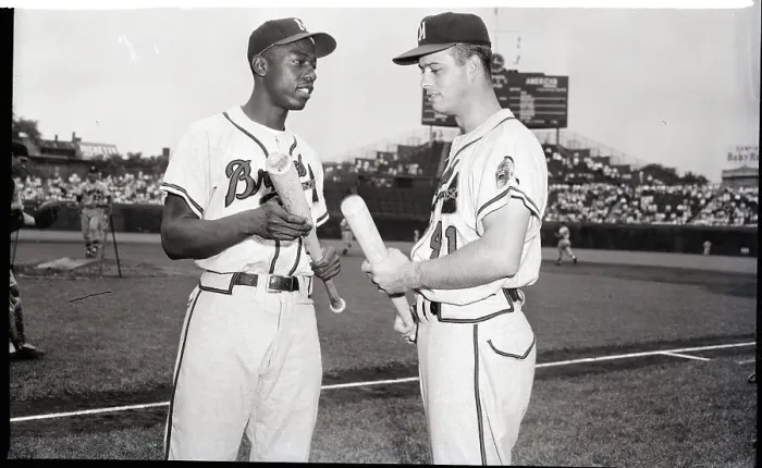 Framed Print : Hank Aaron & Ed Mathews Comparing Bats Framed Print : Hank Aaron & Ed Mathews Comparing Bats