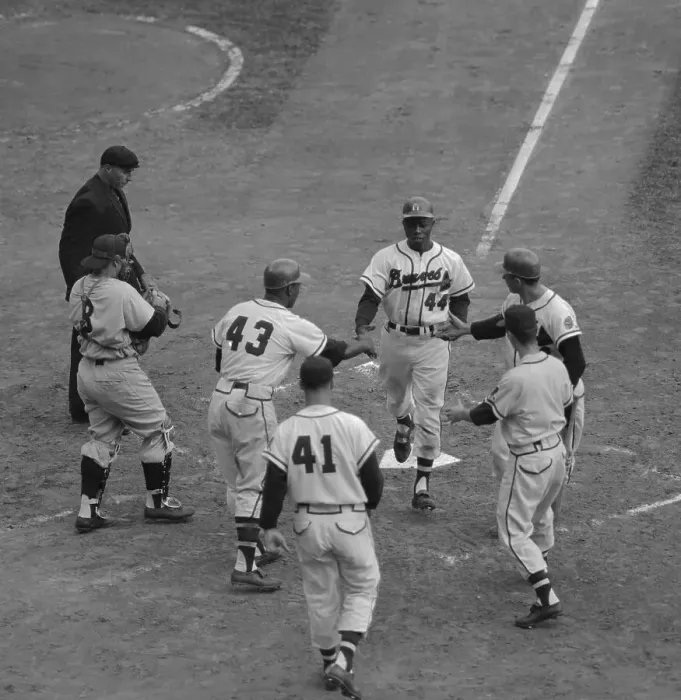 Framed Print : Hank Aaron Greeted After Hitting Three Run Homer Framed Print : Hank Aaron Greeted After Hitting Three Run Homer