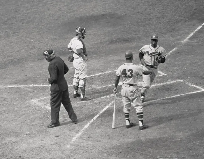 Framed Print : Hank Aaron Being Greeted After Home Run Framed Print : Hank Aaron Being Greeted After Home Run