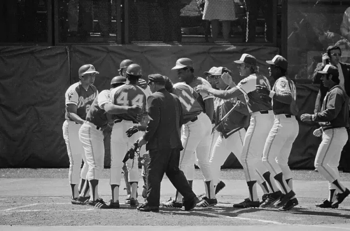 Framed Print : Hank Aaron Surrounded by Teammates Framed Print : Hank Aaron Surrounded by Teammates