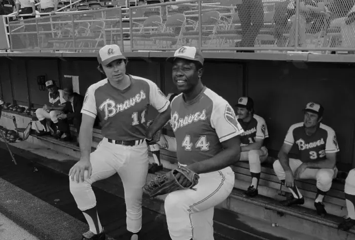 Framed Print : Hank Aaron talking with Darrell Evans