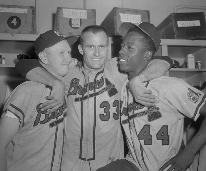 Framed Print : Hank Aaron with Two Teammates Framed Print : Hank Aaron with Two Teammates