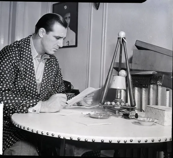 Framed Print : Hank Greenberg In Robe Reading Fan Mail Framed Print : Hank Greenberg In Robe Reading Fan Mail