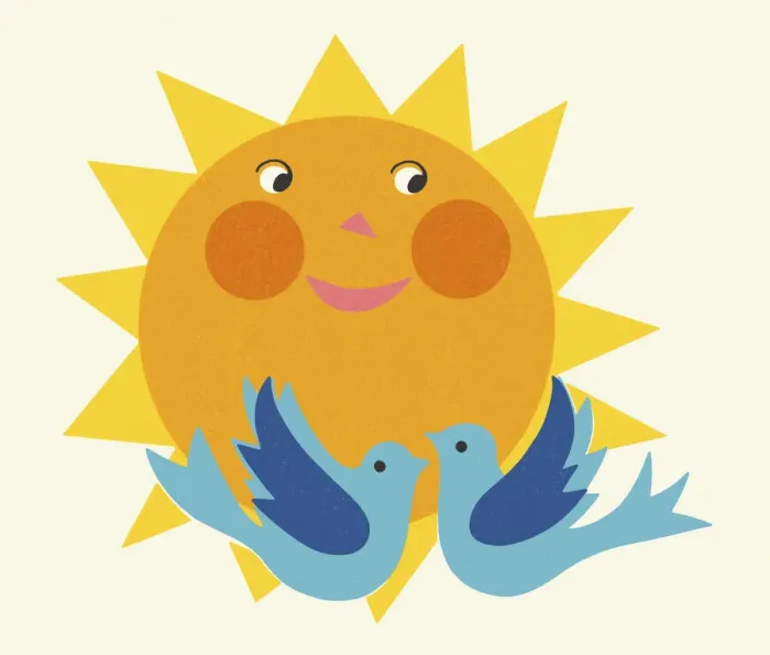 Framed Print : Happy Sun and Two Blue Birds Framed Print : Happy Sun and Two Blue Birds