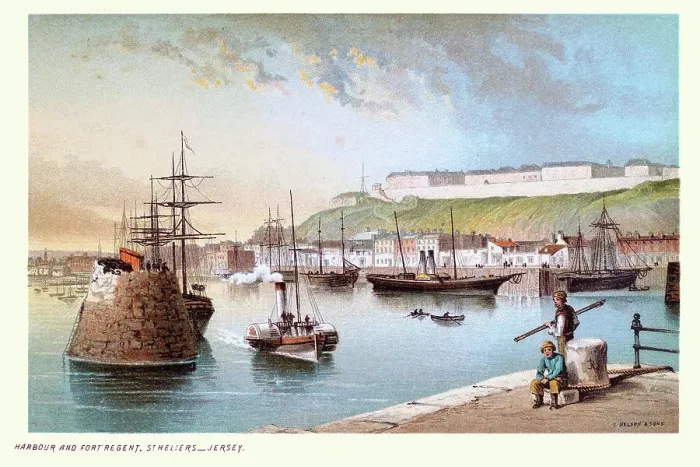 Framed Print : Harbour and Fort Regent, St Heliers, Jersey, Channel Islands, Steamboats and sailing ships, Victorian landscape art 19th Century Framed Print : Harbour and Fort Regent, St Heliers, Jersey, Channel Islands, Steamboats and sailing ships, Victorian landscape art 19th Century
