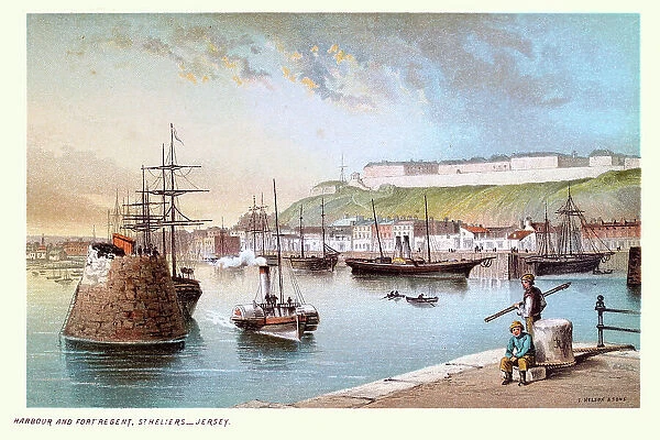 Harbour and Fort Regent, St Heliers, Jersey, Channel Islands, Steamboats and sailing ships, Victorian landscape art 19th Century