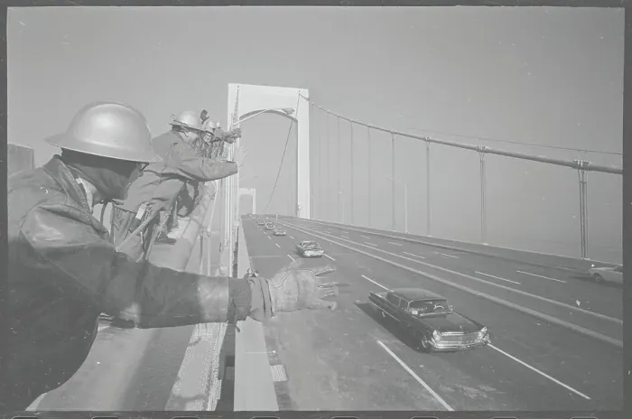 Framed Print : Hard Hat Workers Waving to Motorists from Throgs Neck Bridge Framed Print : Hard Hat Workers Waving to Motorists from Throgs Neck Bridge