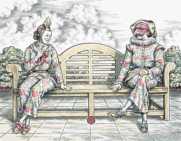 Harlequin, male and female costumed characters sitting on outdoor bench