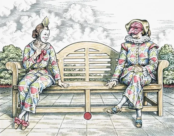 Framed Print : Harlequin, male and female costumed characters sitting on outdoor bench Framed Print : Harlequin, male and female costumed characters sitting on outdoor bench
