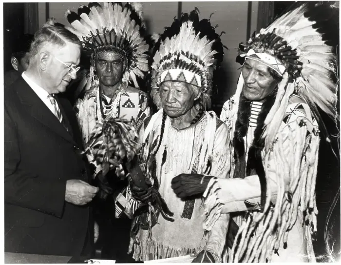 Framed Print : Harold Ickes Inspects Indian Weapon Framed Print : Harold Ickes Inspects Indian Weapon
