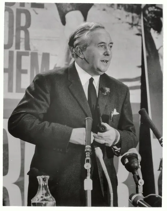 Framed Print : Harold Wilson Speaking at Microphones Framed Print : Harold Wilson Speaking at Microphones