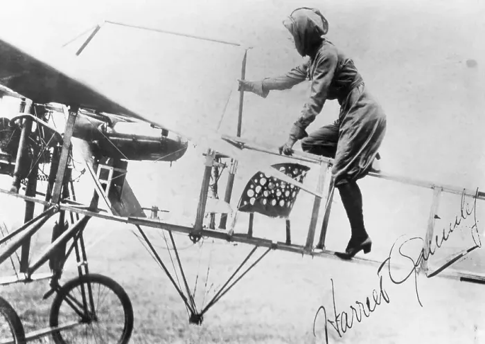 Framed Print : Harriet Quimby Climbing into Monoplane Framed Print : Harriet Quimby Climbing into Monoplane