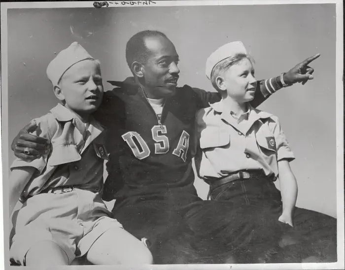 Framed Print : Harrison Dillard Posing with Finnish Boys Framed Print : Harrison Dillard Posing with Finnish Boys