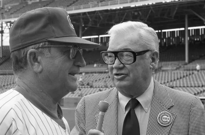 Framed Print : Harry Caray Talks to Cubs Manager Jim Frey Framed Print : Harry Caray Talks to Cubs Manager Jim Frey