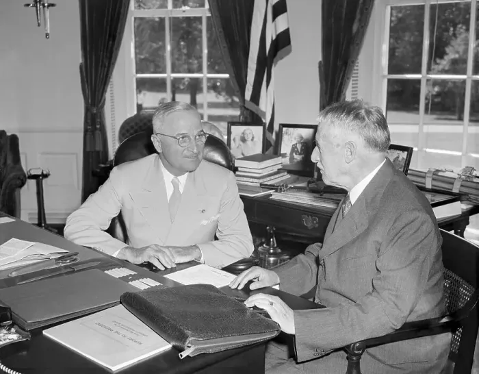 Framed Print : Harry Truman Being Briefed by Henry Stimson Framed Print : Harry Truman Being Briefed by Henry Stimson