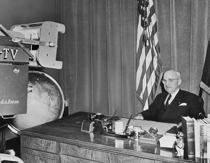 Framed Print : Harry Truman Sitting at Desk in Front of Camera Framed Print : Harry Truman Sitting at Desk in Front of Camera
