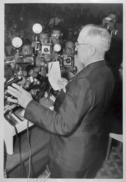 Framed Print : Harry Truman Speaking at Press Conference Framed Print : Harry Truman Speaking at Press Conference