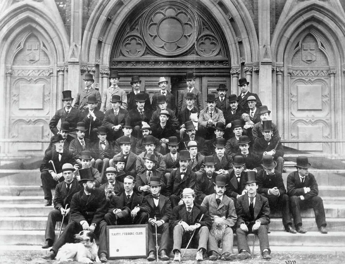 Framed Print : Harvard HastyPudding Club Posing Outside Building