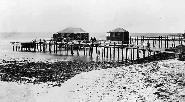 Hastings. 1867: The bathing beach in Hastings, Barbados