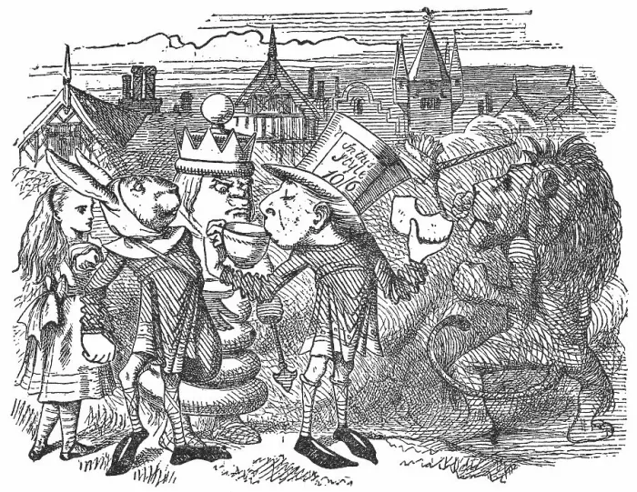 Framed Print : The Hatter Drinking Tea and Watching The Lion and the Unicorn Fight in Through the Looking-Glass Framed Print : The Hatter Drinking Tea and Watching The Lion and the Unicorn Fight in Through the Looking-Glass