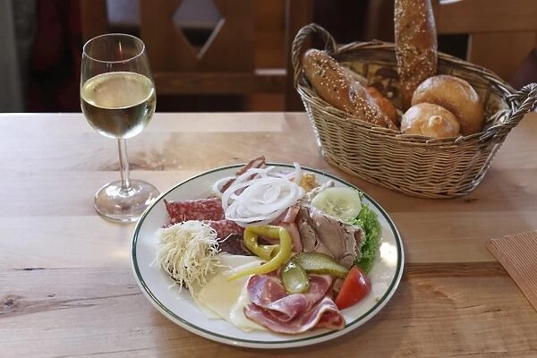 Hauerjause, snack with bread, meat and wine, Wachau, Waldviertel, Lower Austria, Austria, Europe