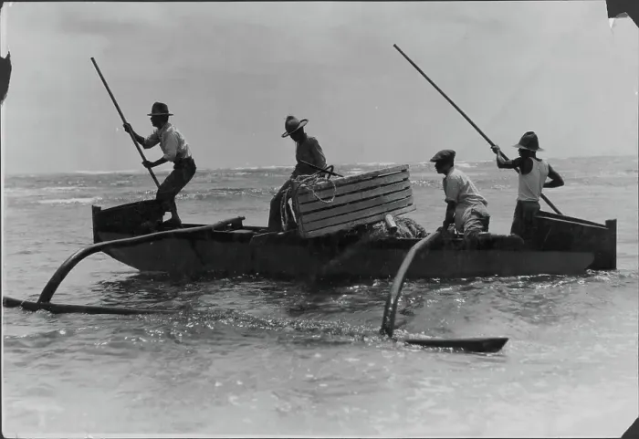 Framed Print : Hawaii. Native Hawaiians fishing off the coast of Kauai, Hawaii, circa 1920-1950 Framed Print : Hawaii. Native Hawaiians fishing off the coast of Kauai, Hawaii, circa 1920-1950