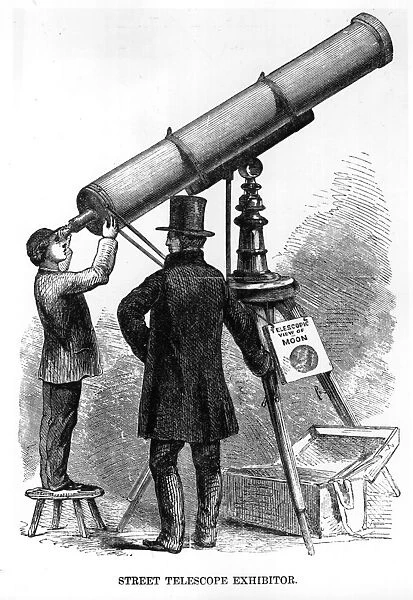 Hawker. circa 1865: A street telescope exhibitor and potential customer viewing the moon,