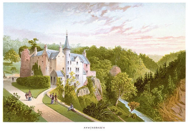 Hawthornden Castle. Vintage print of Hawthornden Castle located on the
