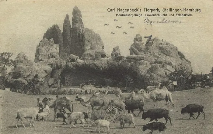 Framed Print : Hay feeder enclosure and lion gorge in Hagenbeck Zoo, Hamburg, Germany, postcard with text, view circa 1910, Historic, digital reproduction of a historic postcard, public domain, from that time, exact date unknown Framed Print : Hay feeder enclosure and lion gorge in Hagenbeck Zoo, Hamburg, Germany, postcard with text, view circa 1910, Historic, digital reproduction of a historic postcard, public domain, from that time, exact date unknown