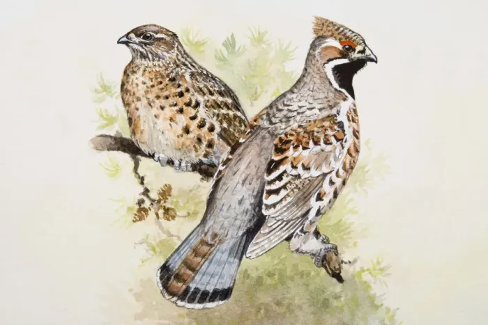 Framed Print : Hazel grouse (Bonasa bonasia), male and female, perching side by side on a branch, side view Framed Print : Hazel grouse (Bonasa bonasia), male and female, perching side by side on a branch, side view