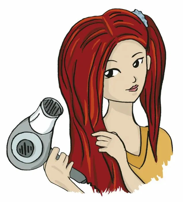 Framed Print : Head of girl blow drying her long red hair, clipped back on one side Framed Print : Head of girl blow drying her long red hair, clipped back on one side