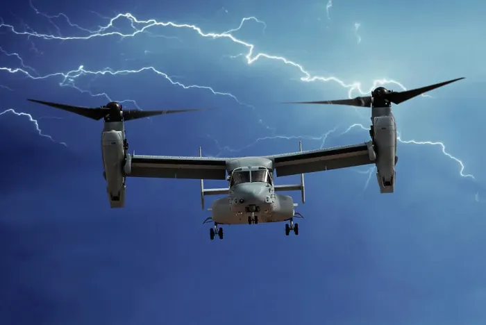 Framed Print : A head-on view of a U. S. Marine Corps Bell / Boeing MV-22 Osprey tilt-rotor aircraft with lightning Framed Print : A head-on view of a U. S. Marine Corps Bell / Boeing MV-22 Osprey tilt-rotor aircraft with lightning