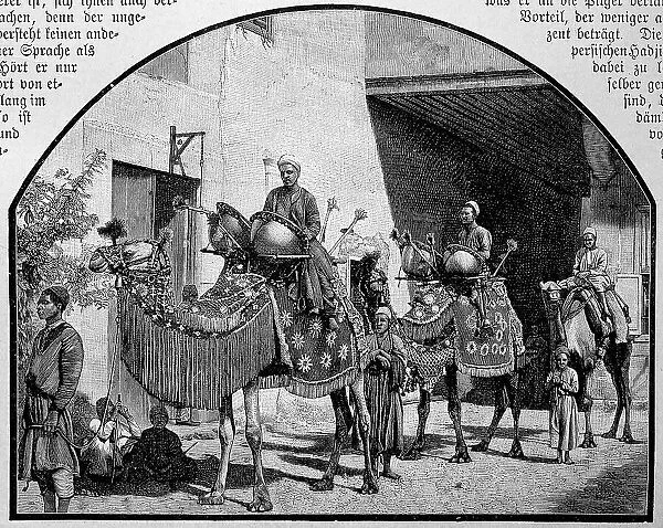 Head of a pilgrimage caravan setting out for Mecca, in Jeddah, Jeddah, Saudi Arabia, 1899, Historic, digitally restored reproduction of an 18th century original, exact original date unknown