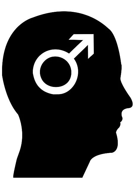 Head in profile with the symbol of Mars, male gender, illustration