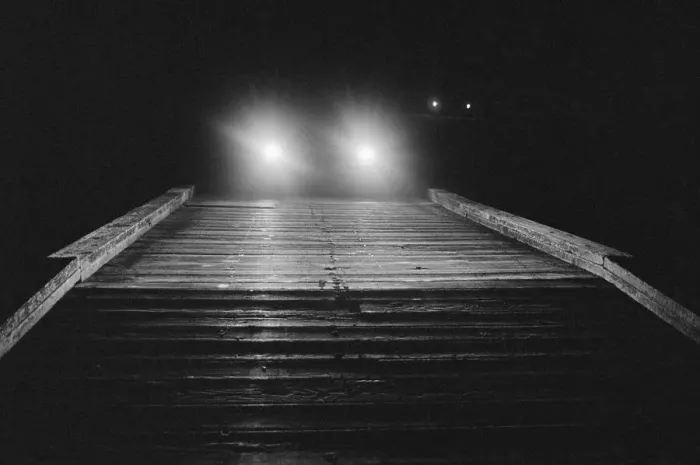 Framed Print : Headlights Shining on Bridge