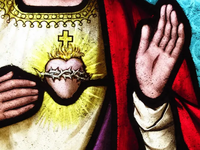 Framed Print : Heart and hands of Jesus Christ on an old stained glass Framed Print : Heart and hands of Jesus Christ on an old stained glass